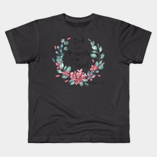 Christian Bible Verse: God is the strength of my heart (dark text with flower wreath) Kids T-Shirt